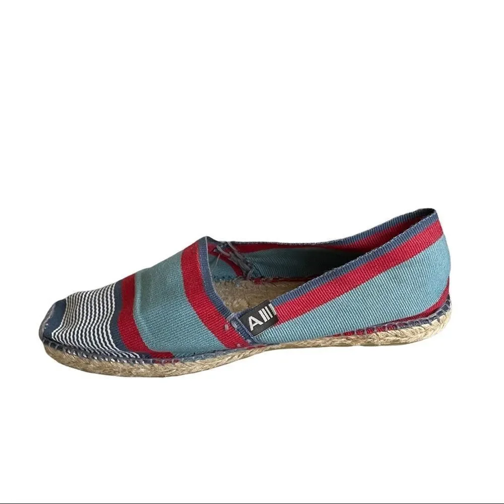 ARTISANAT FRANCAIS Striped Flat Slip-On Espadrilles Loafers Sandals Blue Red 40